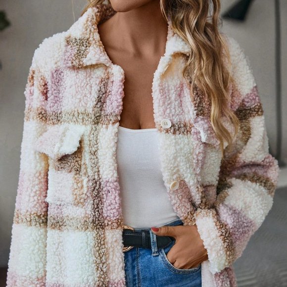 Tan Casual Womens Plaid Print Drop Shoulder Teddy Coat - Picture 5 of 5